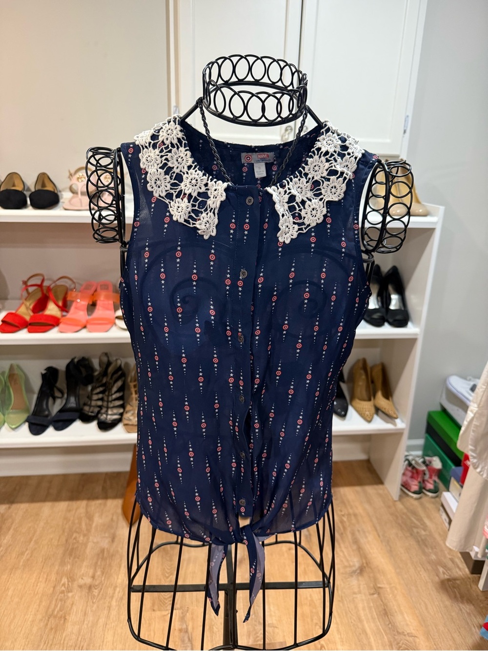 Marvel Navy Sleeveless Tie-Front Camisole with White Crochet Collar